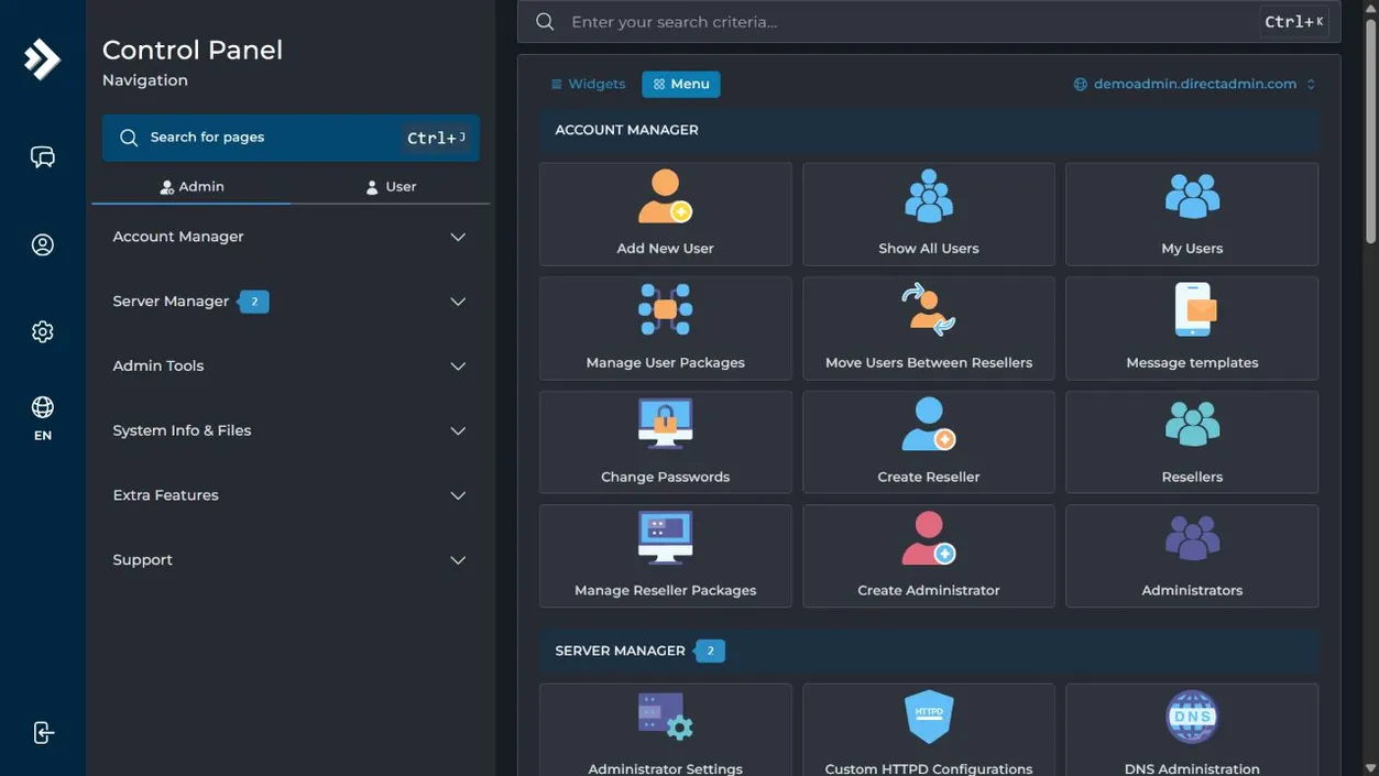 Oficjalny widok poziomu administratora w panelu DirectAdmin Evolution
