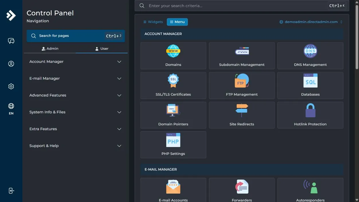 Oficjalny widok DirectAdmin Evolution z modułami domen, certyfikatów SSL, FTP, baz danych i poczty