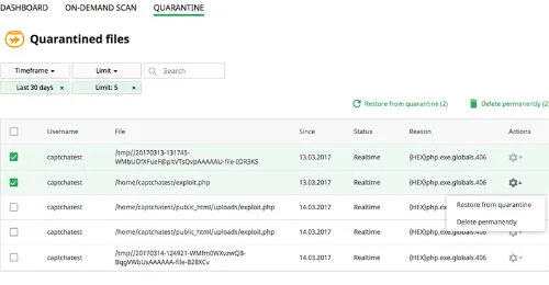 Lista plików poddanych kwarantannie przez Imunify360