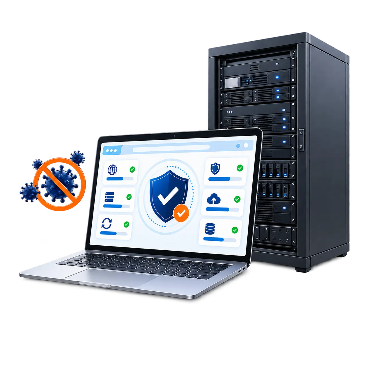 Panel ochrony hostingu Imunify360 obok szafy rack z serwerami