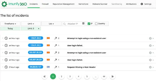 Lista incydentów w panelu zarządzania Imunify360