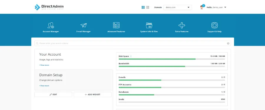 Widok panelu DirectAdmin z modułami konta, domen, poczty i baz danych