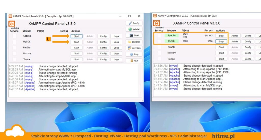xampp conrtol panel usługi apache mysql