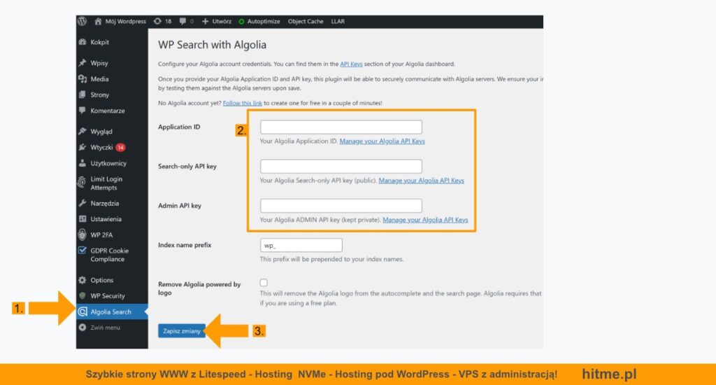 Algolia WordPress klucze