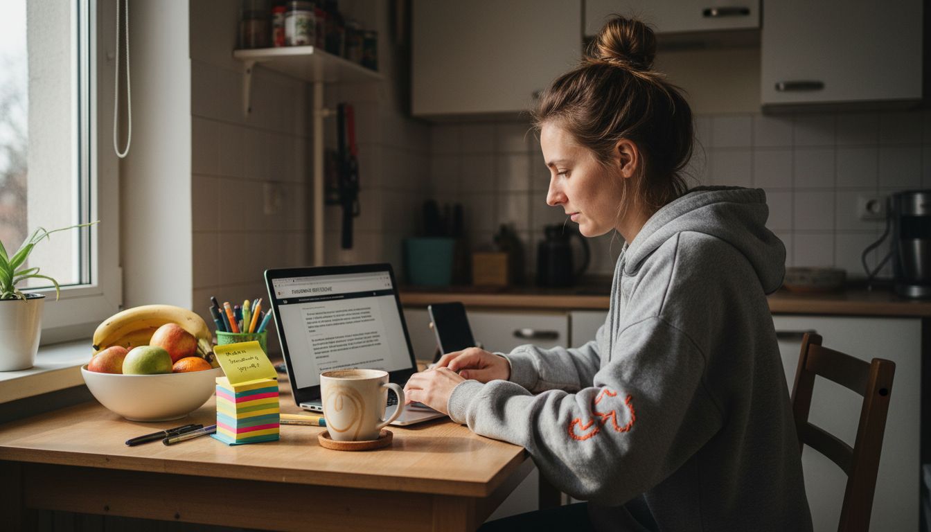 Kobieta siedzi przy kuchennym stole i pracuje na laptopie, tworząc stronę internetową.