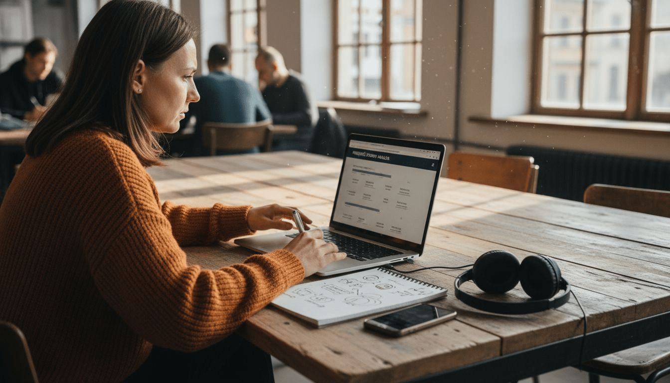 Kobieta sprawdza wydajność hostingu WordPress, analizując jego działanie i parametry techniczne.
