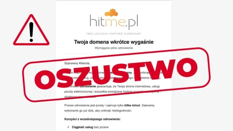 Uwaga: fałszywe maile o wygasającej domenie podszywające się pod HitMe.pl